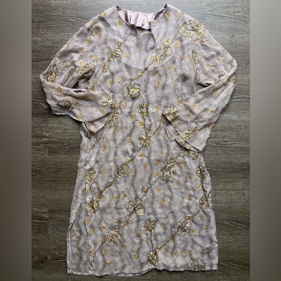 Tan and Gold Sheer Sequined Midi Cover Up Dress Size Small - Picture 2 of 5